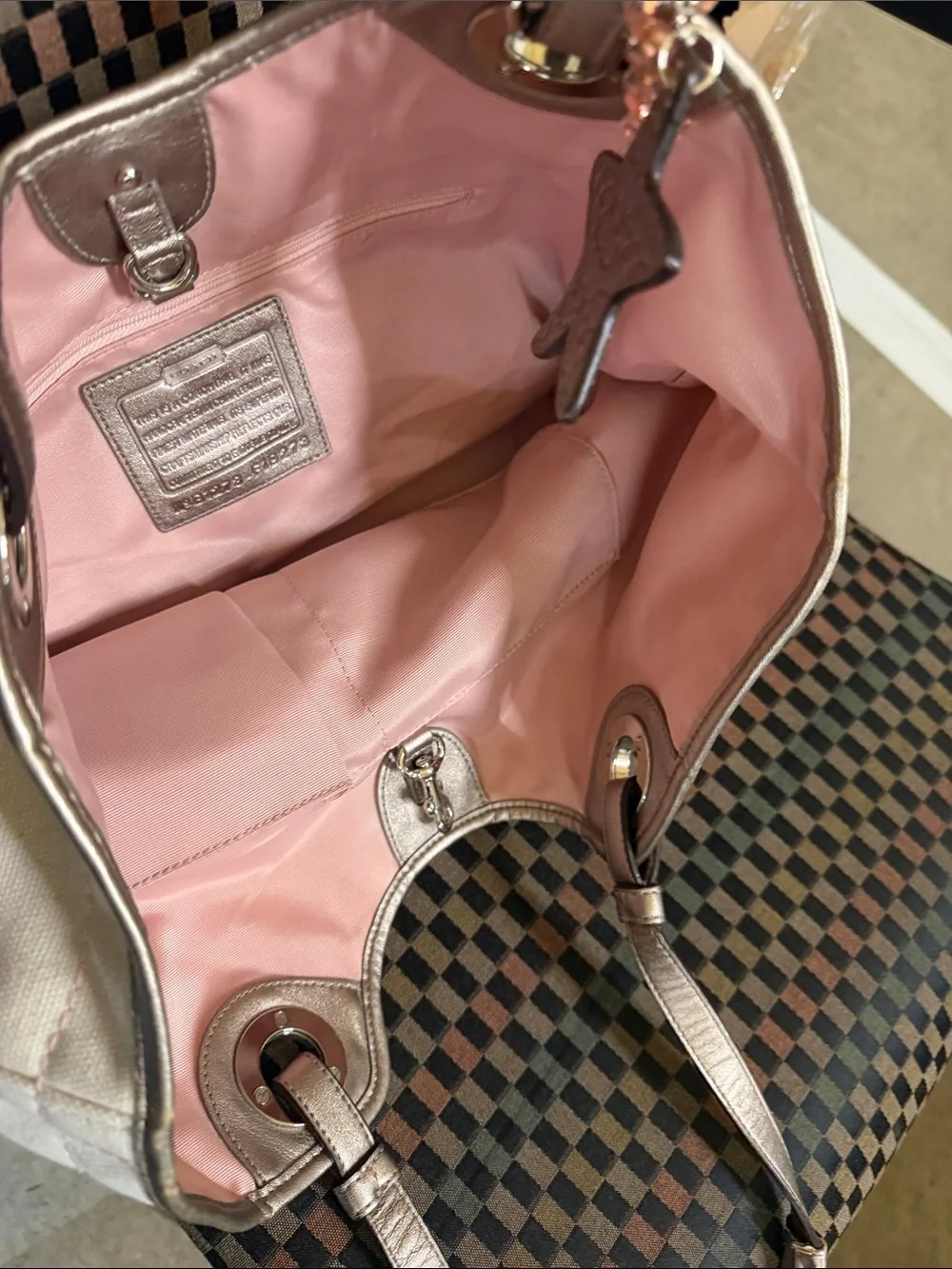 Coach Cream Canvas Tote with Pink Stripe & Metallic Handles